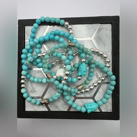 Turquoise Blue & Silver Buddha Bracelet Set -Stacked Bracelet Bead Bracelet Set - Picture 12 of 16